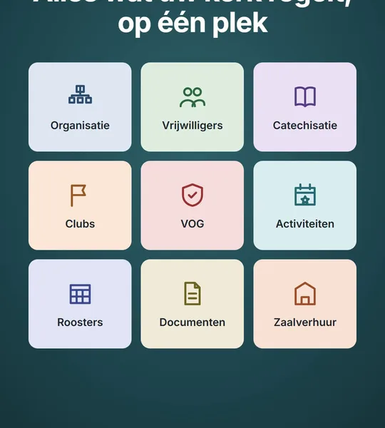 Moduletegels van Kerckh.: organisatie, vrijwilligers, catechisatie, clubs, activiteiten, roosters, documenten en zaalverhuur.