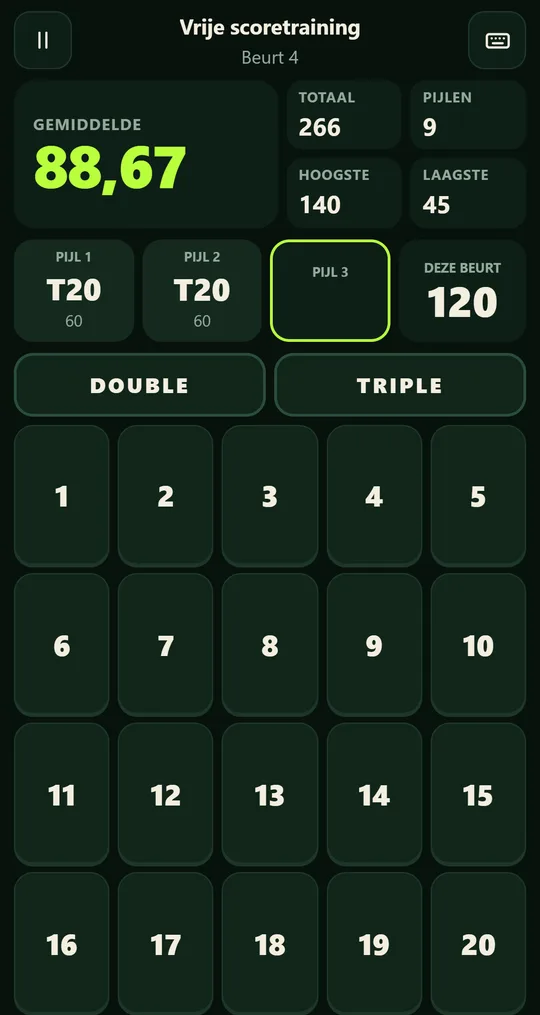 Invoerscherm van OKKIE. met gemiddelde, beurttotaal en knoppen voor double, triple en de getallen.